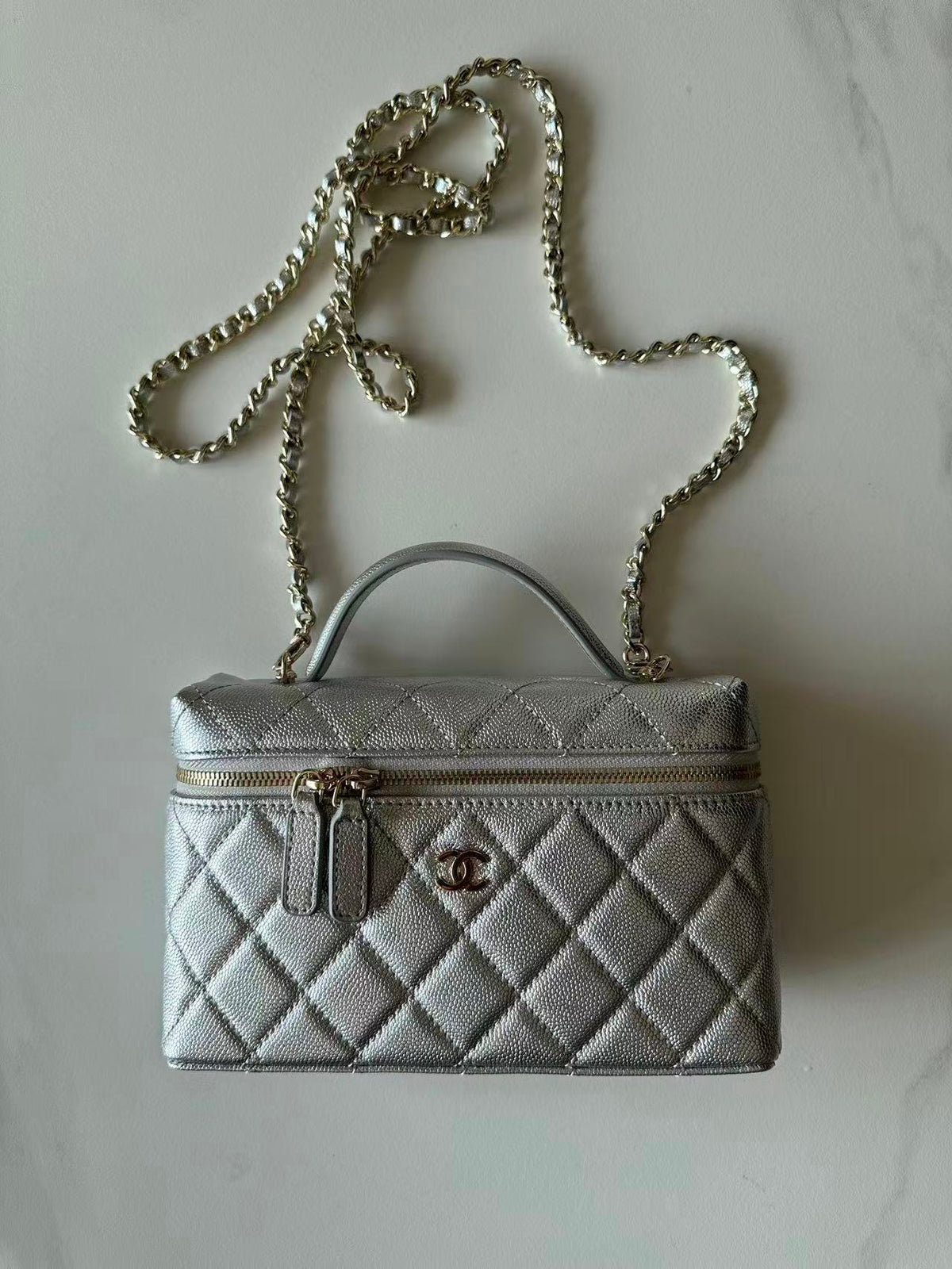 Chanel Caviar Quilted Top Handle Slim Vanity With Chain Black