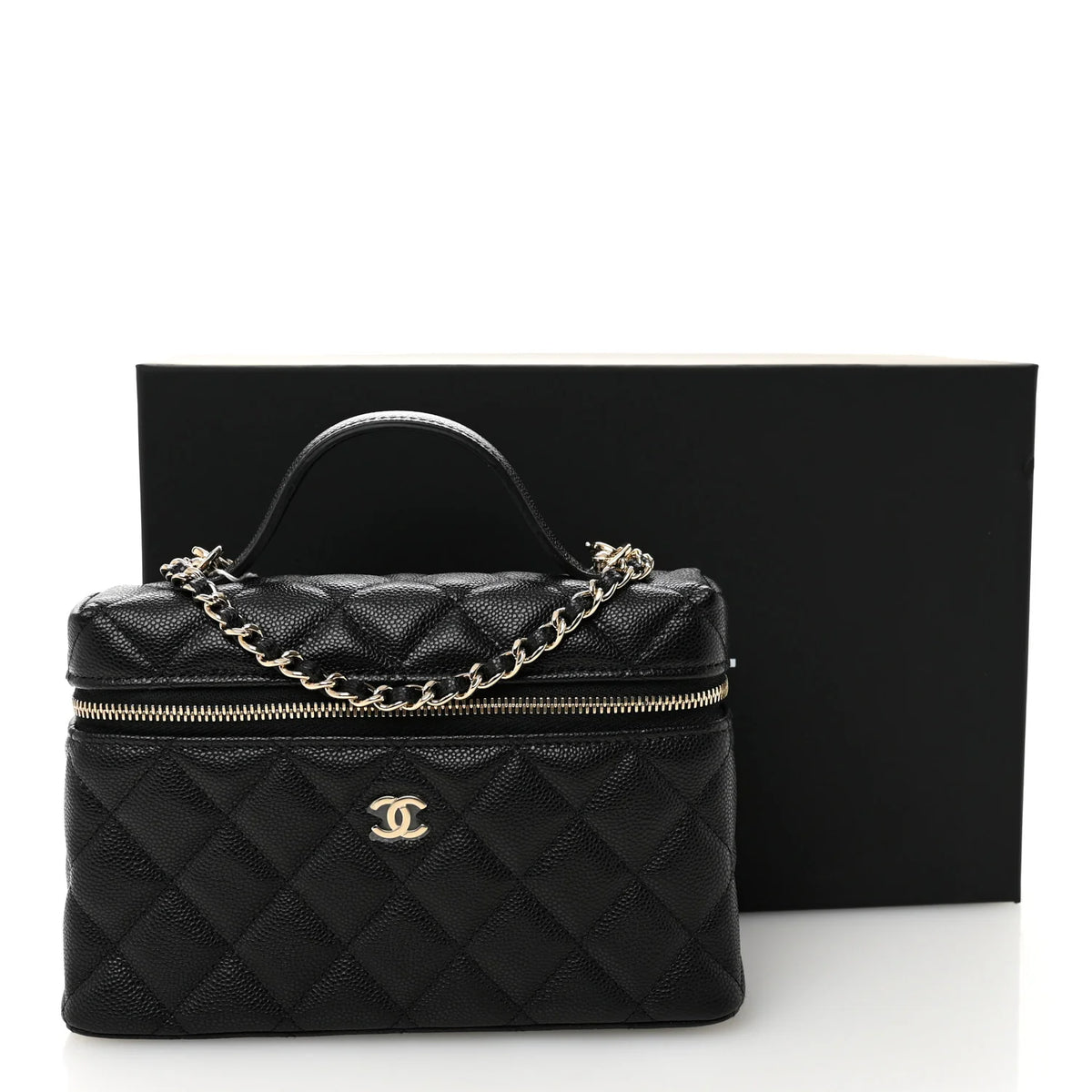 Chanel Caviar Quilted Top Handle Slim Vanity With Chain Black