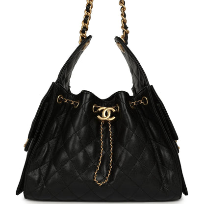 Pre-owned Chanel Small 25 Hobo Bag Black Caviar Antique Gold Hardware