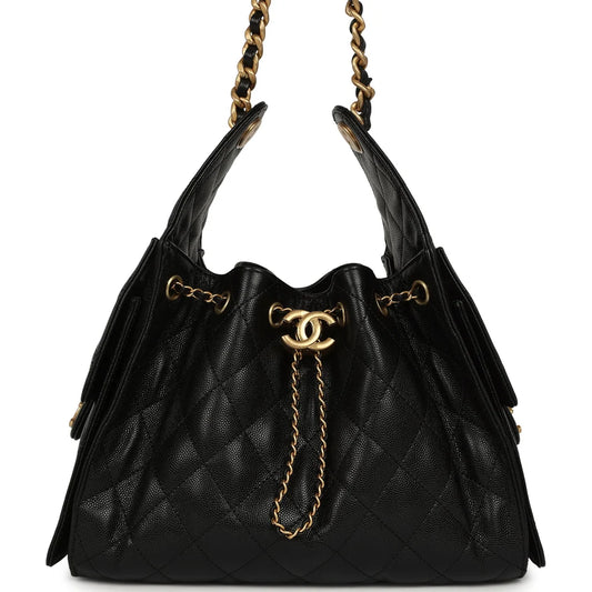 Pre-owned Chanel Small 25 Hobo Bag Black Caviar Antique Gold Hardware