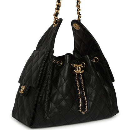 Pre-owned Chanel Small 25 Hobo Bag Black Caviar Antique Gold Hardware