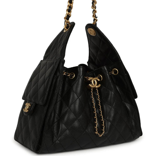 Pre-owned Chanel Small 25 Hobo Bag Black Caviar Antique Gold Hardware