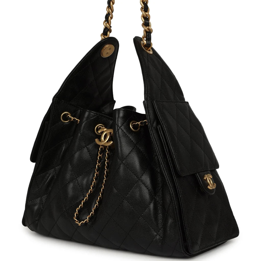 Pre-owned Chanel Small 25 Hobo Bag Black Caviar Antique Gold Hardware