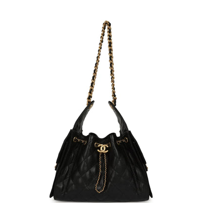 Pre-owned Chanel Small 25 Hobo Bag Black Caviar Antique Gold Hardware
